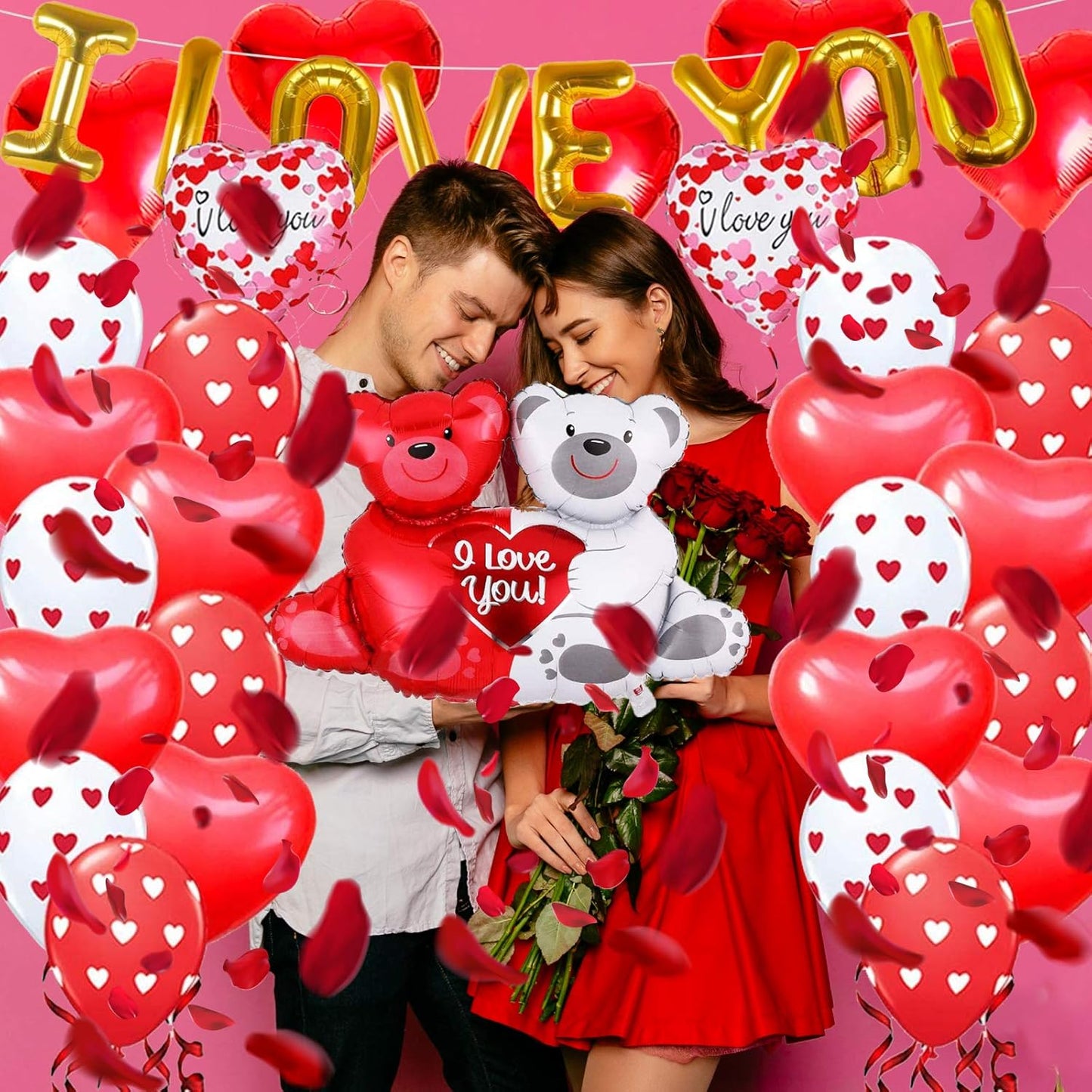 I Love You Balloons with Couple Teddy Balloon Kit, Heart Balloons Kit with 1000 Red Rose Petals Wedding Flower Decoration, Valentine Decorations Party Supplies Kit