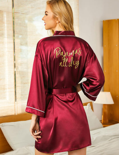 Women'S Satin Robe Short Kimono Robe Silk Soft Sleepwear 3/4 Sleeve Bathrobe Loungewear Dressing Gown S-XXL